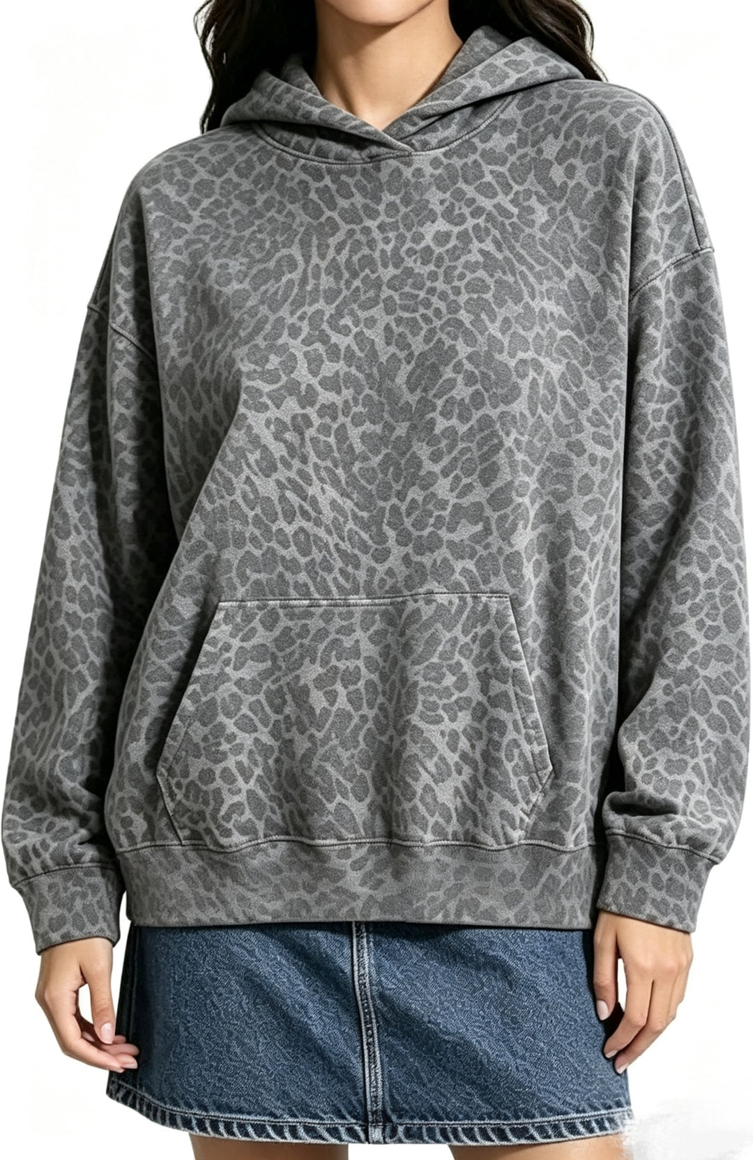 Damen Oversize-Kapuzenpullover mit Leomuster, Kängurutasche und überschnittener Schulter Nord Taschen
