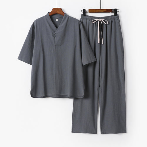Herren Zweiteiliges Leichtes Loungewear-Set mit Stehkragen-Halbarmshirt und Kordelbund-Hose Nord Taschen