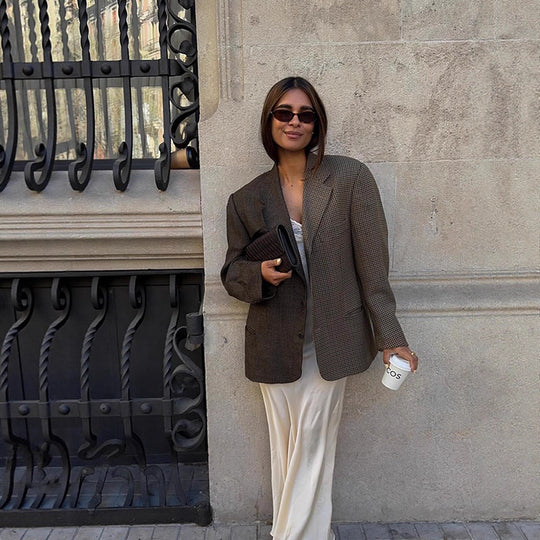 Damen Oversize Glencheck-Longblazer mit kastiger Silhouette und strukturierter Schulter Nord Taschen