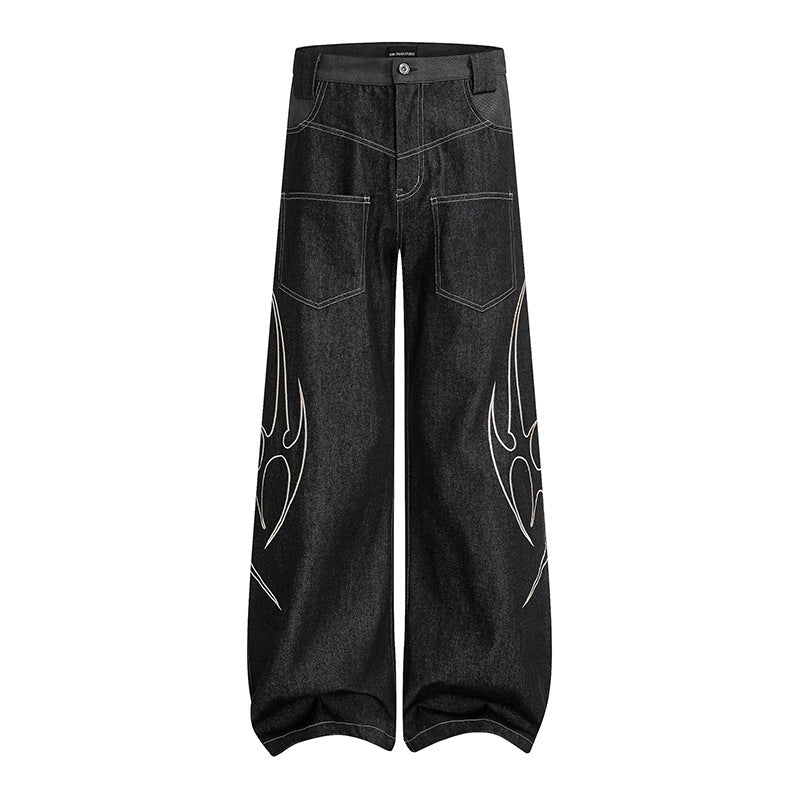 Damen Weite High‑Waist Denim‑Cargohose mit Flammenstickerei und aufgesetzten Taschen Nord Taschen