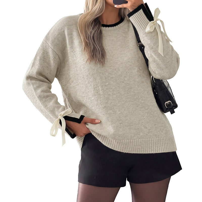 Damen Oversize-Feinstrickpullover mit kontrastgerippter Passe und Schleifen-Details Nord Taschen