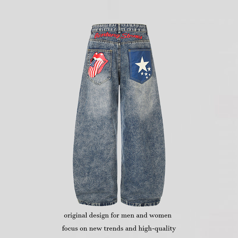Damen High‑Waist Weite Palazzo-Jeans mit Statement-Patches und Retro-Embelishments Nord Taschen