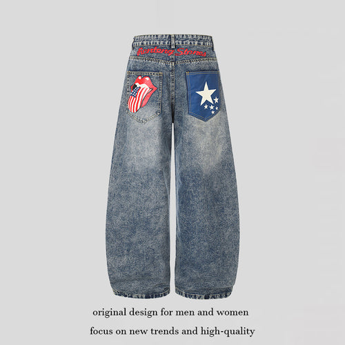 Damen High‑Waist Weite Palazzo-Jeans mit Statement-Patches und Retro-Embelishments Nord Taschen