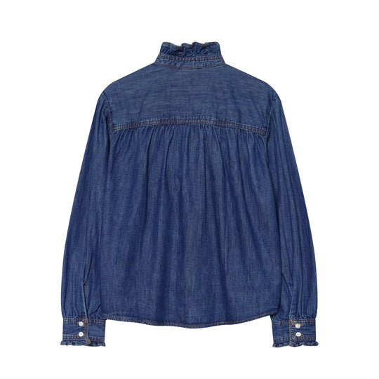 Damen Denimbluse mit Rüschenstehkragen, Ballonärmeln und geraffter Schulter Nord Taschen