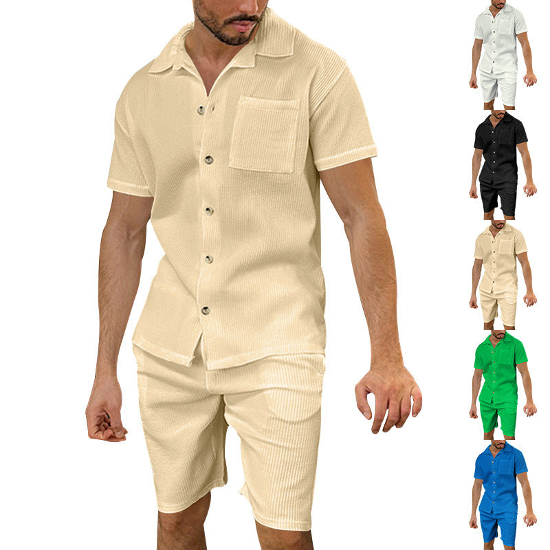 Herren nan lässiges zweiteiliges Freizeitset aus geripptem Jersey mit Hemdkragen Knopfleiste und Shorts
