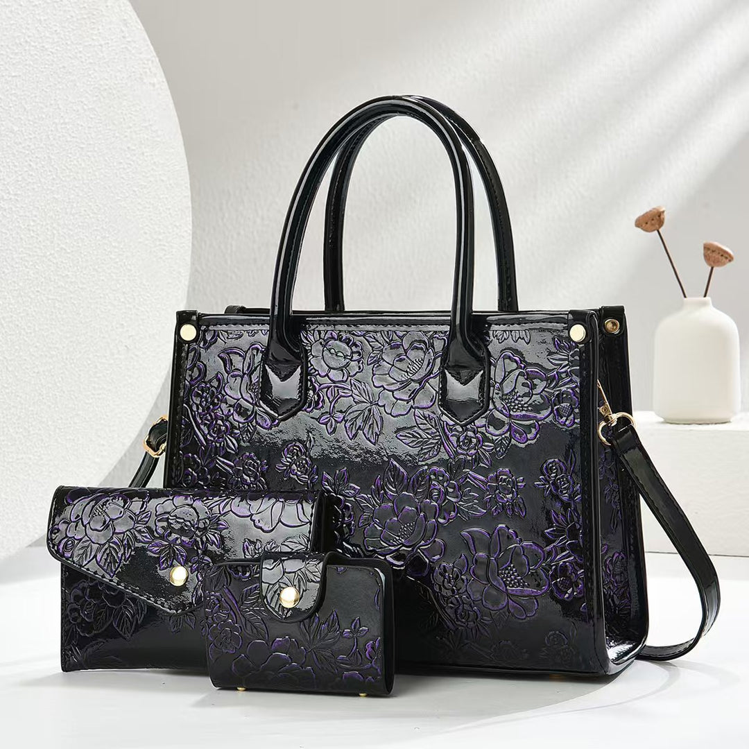 Damen elegante Handtasche mit floraler Prägung und abnehmbaren Zubehör Nord Taschen