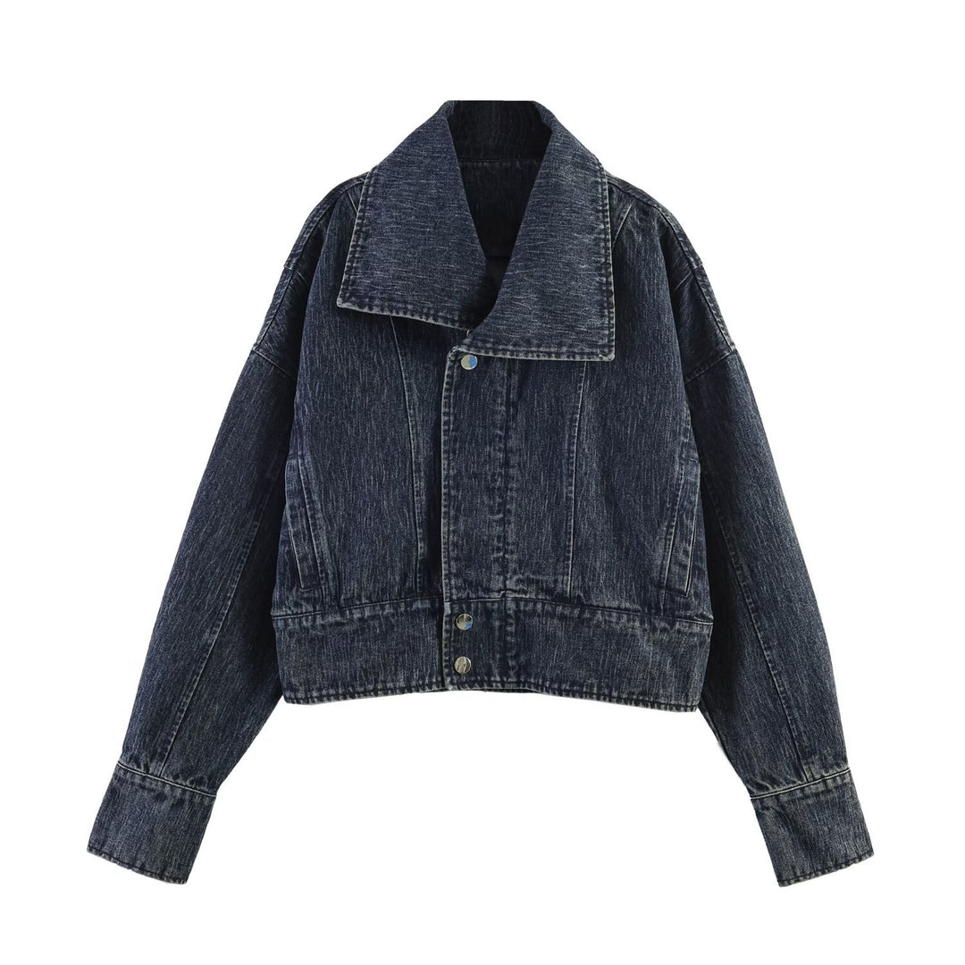 Damen Oversized-Jeansjacke mit großem Schalkragen und Used-Effekt Nord Taschen