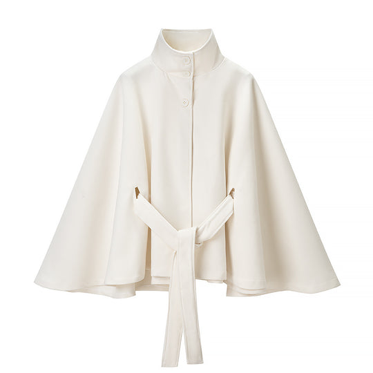 Damen Kurzcape mit Stehkragen, verdeckter Knopfleiste und Taillenbindegürtel Nord Taschen