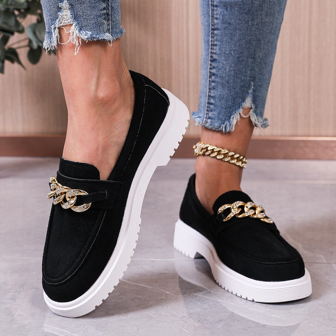 Damen  elegante Slipper mit Plateau-Laufsohle, goldener Schmuckkette und gepolstertem Komfortfußbett Nord Taschen