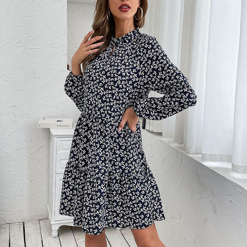Damen Gestuftes Minikleid mit Stehkragen, Blumenprint und taillierter A‑Linie Nord Taschen