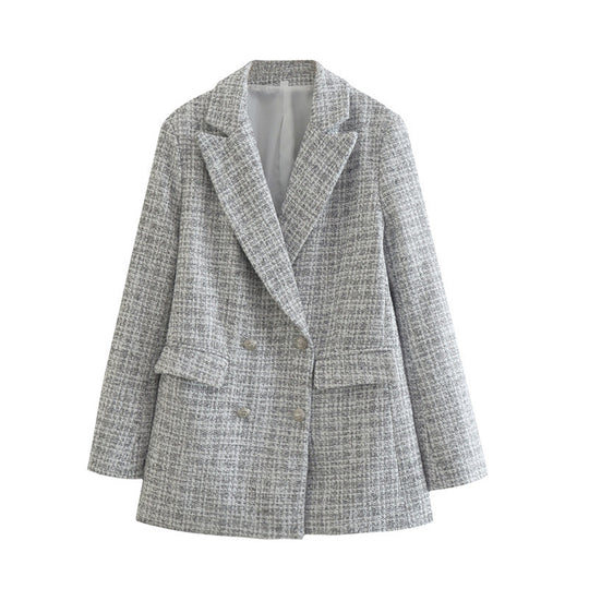Damen Zweireihiger Bouclé-Blazer mit taillierter Silhouette und Pattentaschen Nord Taschen
