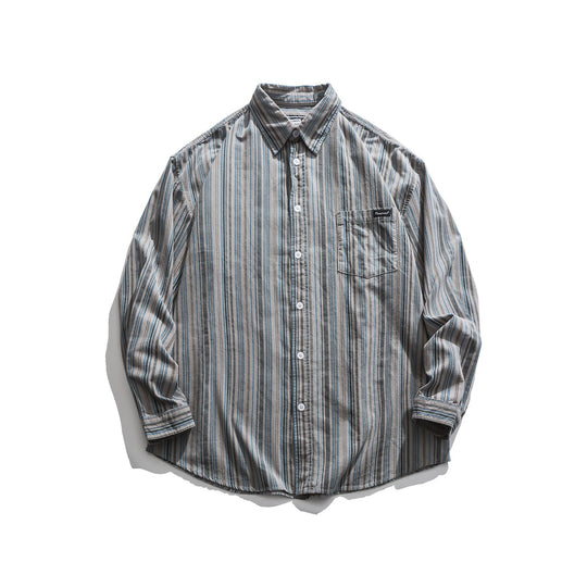 Herren Gestreiftes Leichtes Overshirt-Hemd mit Brusttasche und Kentkragen Nord Taschen