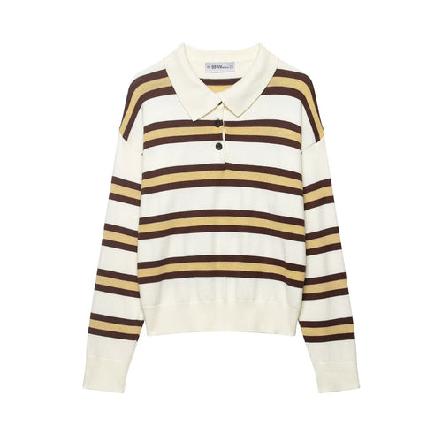 Damen Gestreifter Strick‑Polo‑Pullover im Oversize‑Cropped‑Schnitt Nord Taschen