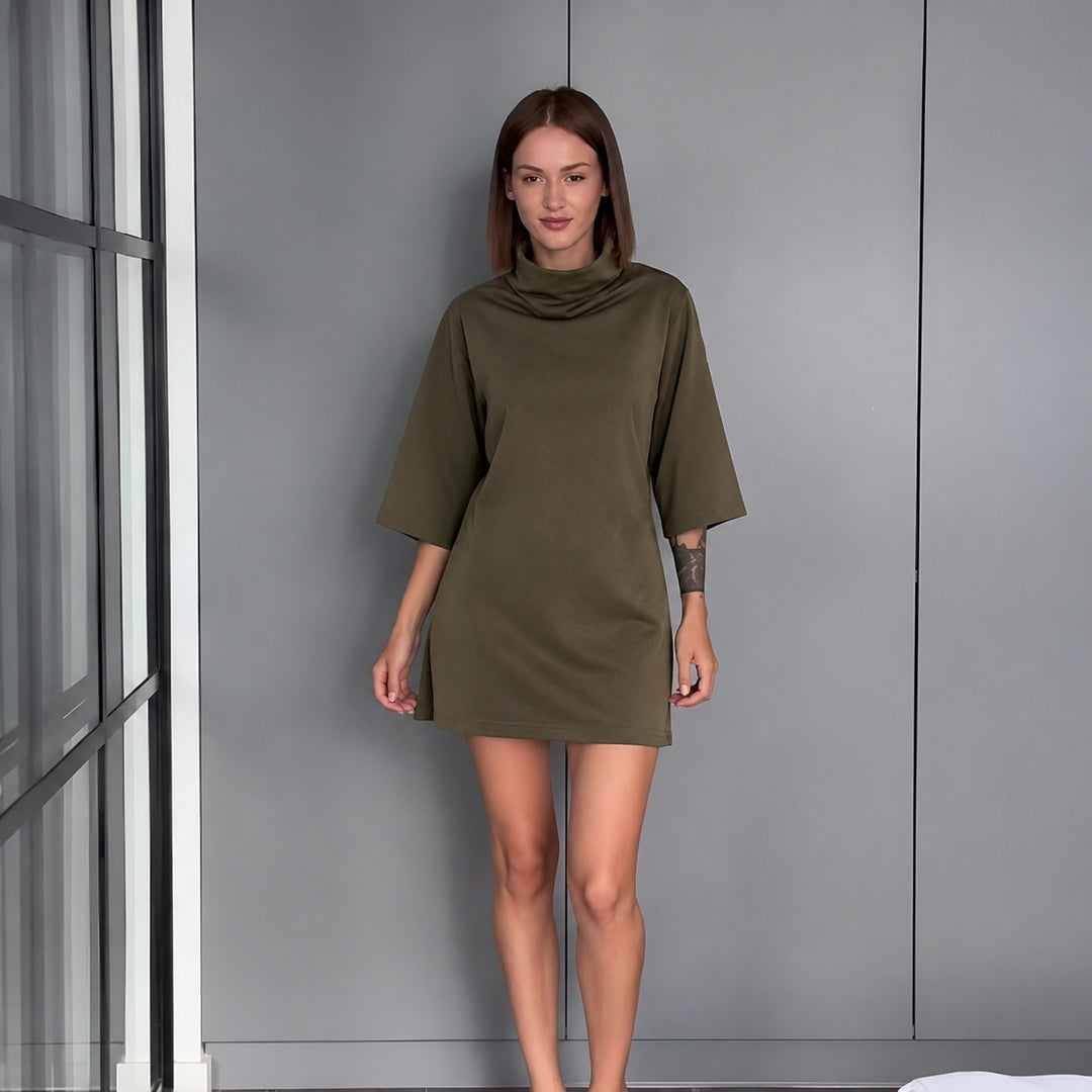 Damen lässiges Feinstrick-Minikleid mit Rollkragen und dreiviertelärmeln Nord Taschen