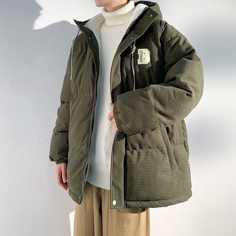 Herren Gepolsterte Cord-Steppjacke mit Kapuze, Teddyfleece-Innenfutter und Oversize-Schnitt Nord Taschen