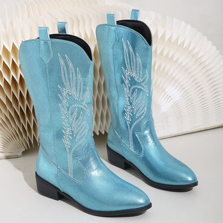 Damen nan Cowgirl-Kniehoher Stiefel mit dekorativer Stickerei, Pull‑Tabs und komfortablem Blockabsatz Nord Taschen