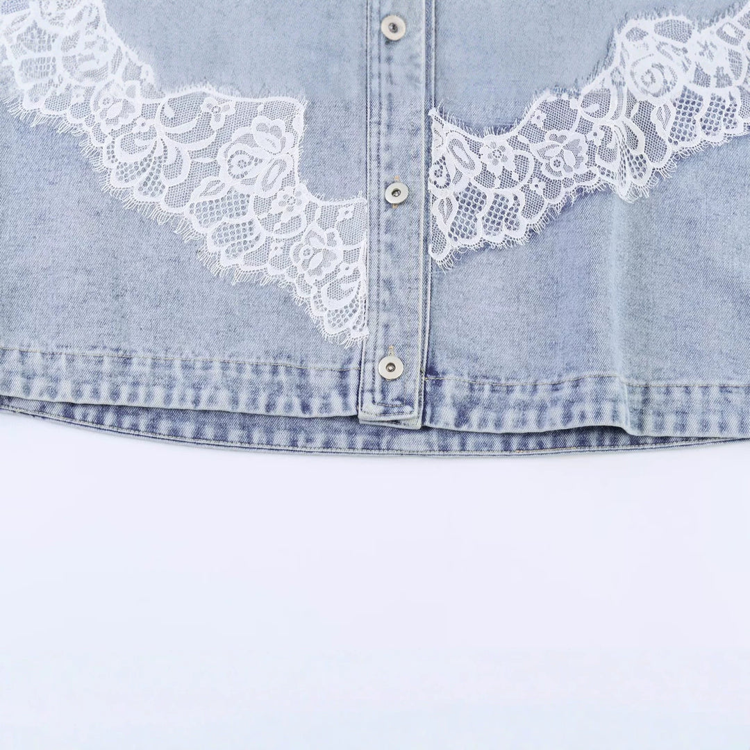 Damen Kurz geschnittene Jeansjacke mit Spitzenapplikation und Oversize-Kimonärmeln Nord Taschen