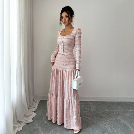 Damen Figurbetontes Rüschen‑Maxikleid mit Quadrat-Ausschnitt und Knopfleiste Nord Taschen