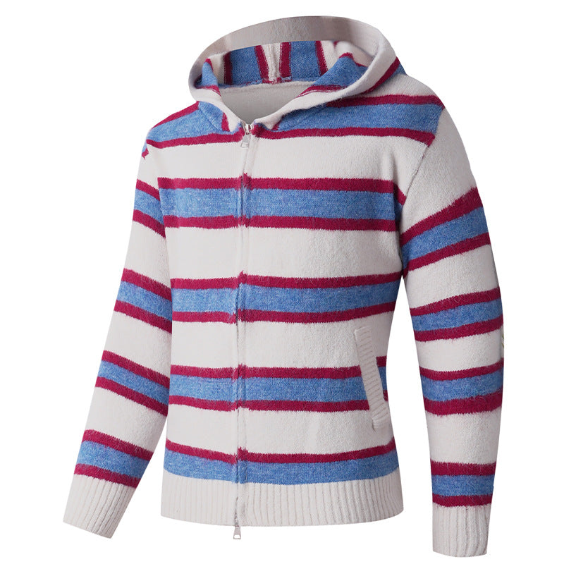 Herren Flauschige Kapuzen‑Strickjacke mit Doppelreißverschluss, Rippbündchen und horizontalem Streifenmuster Nord Taschen