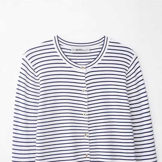 Damen Feinstrick-Cardigan mit maritimem Streifenmuster, Rundhalsausschnitt und Perlmuttknopfleiste Nord Taschen