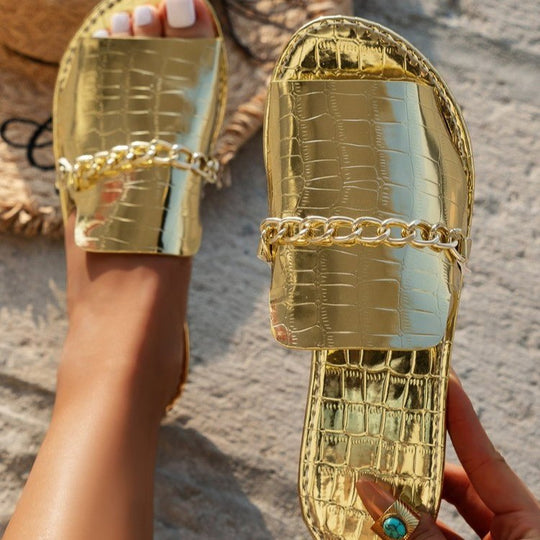 Damen  Croco Prägung Lederimitat Slide mit goldener Schmuckkette und gepolsterter Komfortsohle Nord Taschen