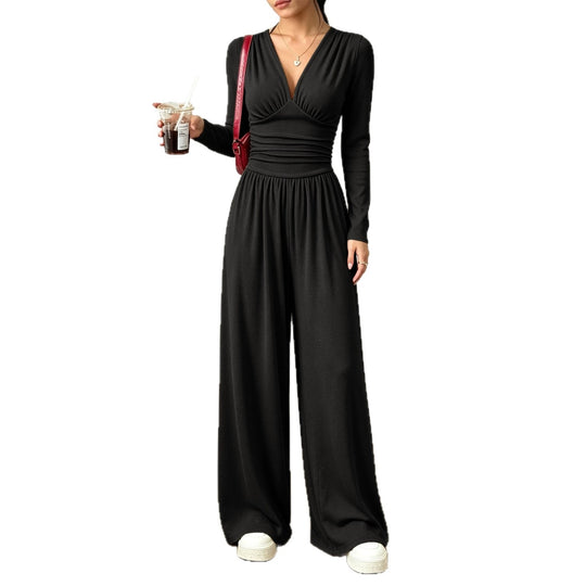 Damen Eleganter V‑Ausschnitt Jumpsuit mit tailliertem Wickelbund und weitem Hosenbein Nord Taschen