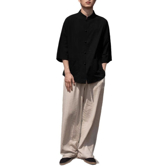 Herren Oversize Hemd im Kimono-Stil aus Leinen-Baumwollmix mit Stehkragen Nord Taschen