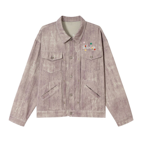 Unisex Boxy-Jeansjacke mit Acid‑Wash‑Effekt, Pattentaschen und floraler Bruststickerei Nord Taschen