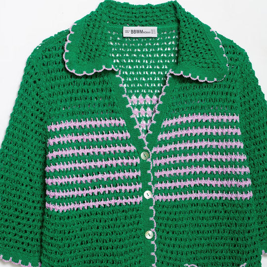 Damen Häkelstrickjacke mit kurzem Arm, Knopfleiste und Vintage-Kragen Nord Taschen
