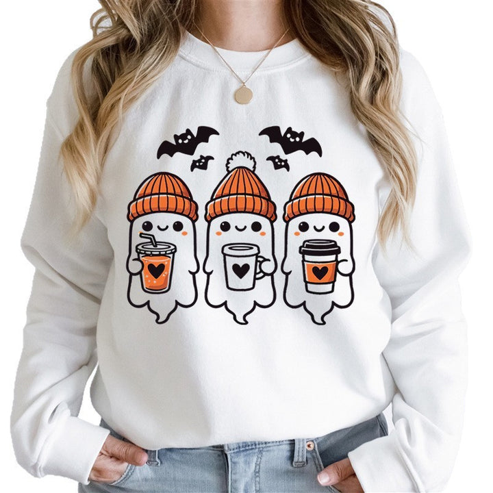 Damen gemütlicher Halloween Grafikpullover mit niedlichen Geist-Motiven, Rundhalsausschnitt und weichem Baumwollmix Nord Taschen
