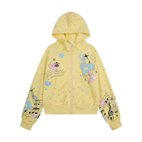 Damen Kapuzen-Sweatjacke mit Front-Reißverschluss, musikalischem Print und Sternchen-Design Nord Taschen
