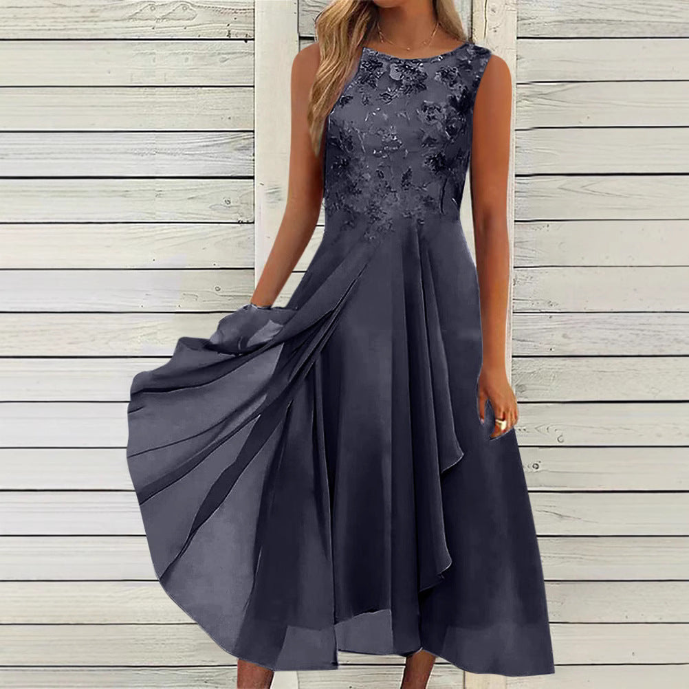 Damen nan ärmelloses Chiffon-Midikleid mit bestickter Brustpartie und asymmetrischem Lagenrock - Arvani