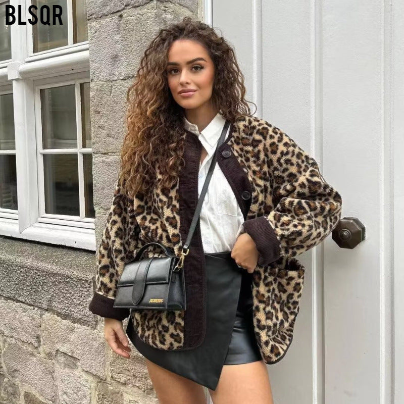 Damen Teddyjacke mit Leopardenprint, Cordbesatz und Knopfverschluss Nord Taschen