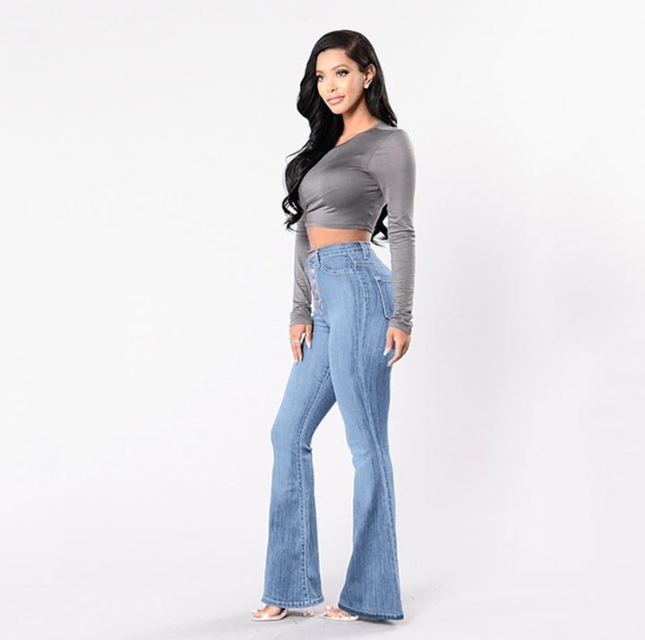 Damen hochgeschnittene Bootcut-Jeans mit sichtbarer Knopfleiste, figurformendem Stretch und schlankem Oberschenkel Nord Taschen