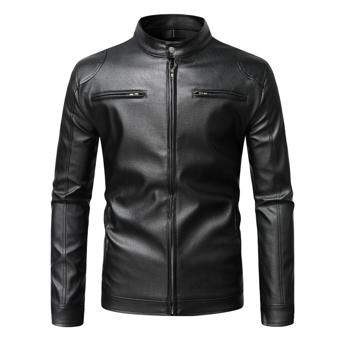 Herren Schmale Lederjacke im Urban-Bikerstil mit Stehkragen und Brust-Reißverschlusstaschen Nord Taschen