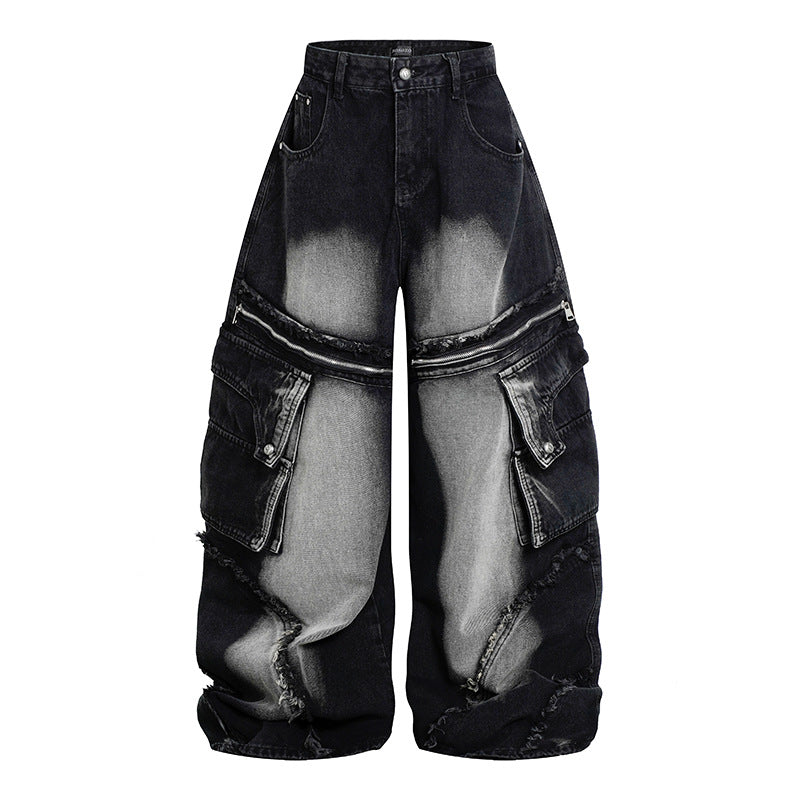 Damen Weite High‑Waist Cargo-Jeans im Baggy-Look mit Distressed-Details und Reißverschluss-Paneel Nord Taschen