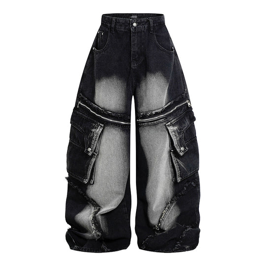Damen Weite High‑Waist Cargo-Jeans im Baggy-Look mit Distressed-Details und Reißverschluss-Paneel Nord Taschen