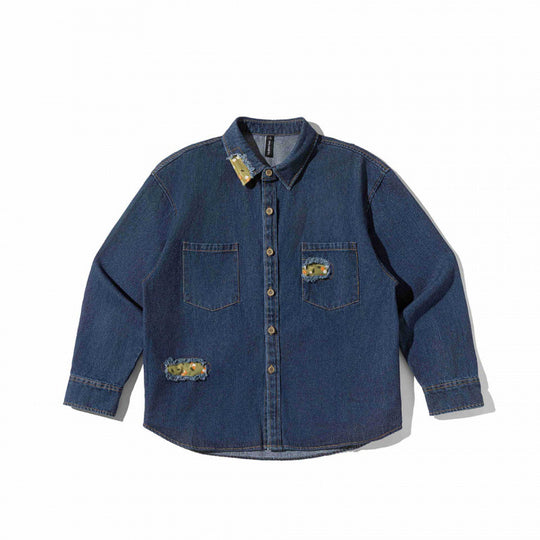 Unisex Kastenförmige Denim-Hemdjacke mit dekorativen Destroy-Applikationen und Oversized-Silhouette Nord Taschen