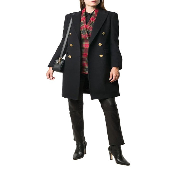 Damen Knielanger Zweireihiger Wollmix-Mantel mit strukturiertem Revers und Pattentaschen Nord Taschen