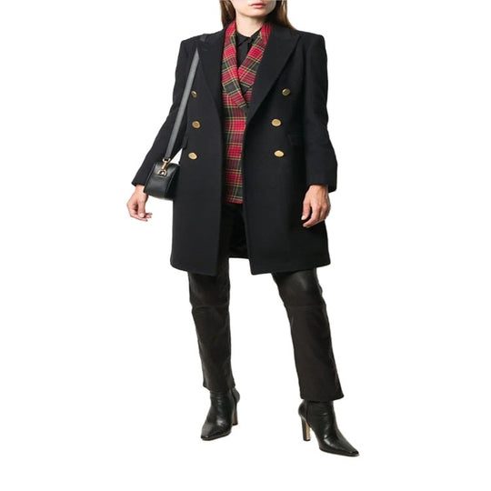 Damen Knielanger Zweireihiger Wollmix-Mantel mit strukturiertem Revers und Pattentaschen Nord Taschen