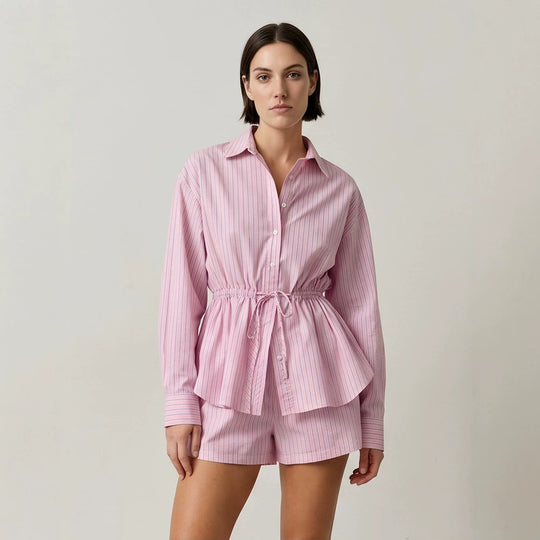 Damen Gestreiftes Loungewear-Set aus Leichtbaumwolle mit Kordel-Taille & Shorts Nord Taschen