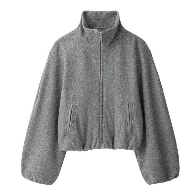 Damen Kurz geschnittene Wollmix-Jacke mit Stehkragen, Reißverschluss und Ballonärmeln Nord Taschen