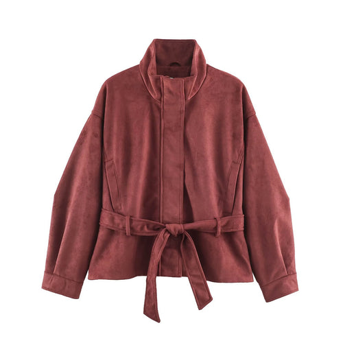 Damen Kurzjacke in Velours‑Optik mit hohem Funnelkragen, verdecktem Verschluss und Taillenbindegürtel Nord Taschen