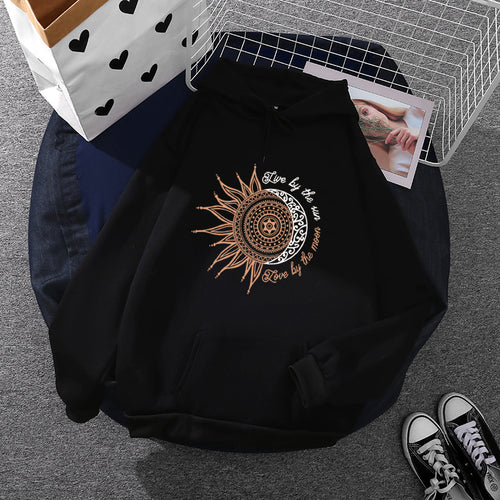 Damen nan Kapuzenpullover mit Sonn-und-Mond-Mandala, Kängurutasche und angerautem Fleece Nord Taschen