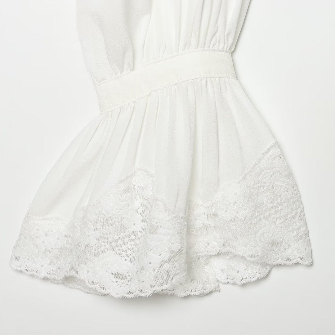 Damen Transparente Bluse mit Stehkragen, Volantenärmeln und Spitzenborte Nord Taschen