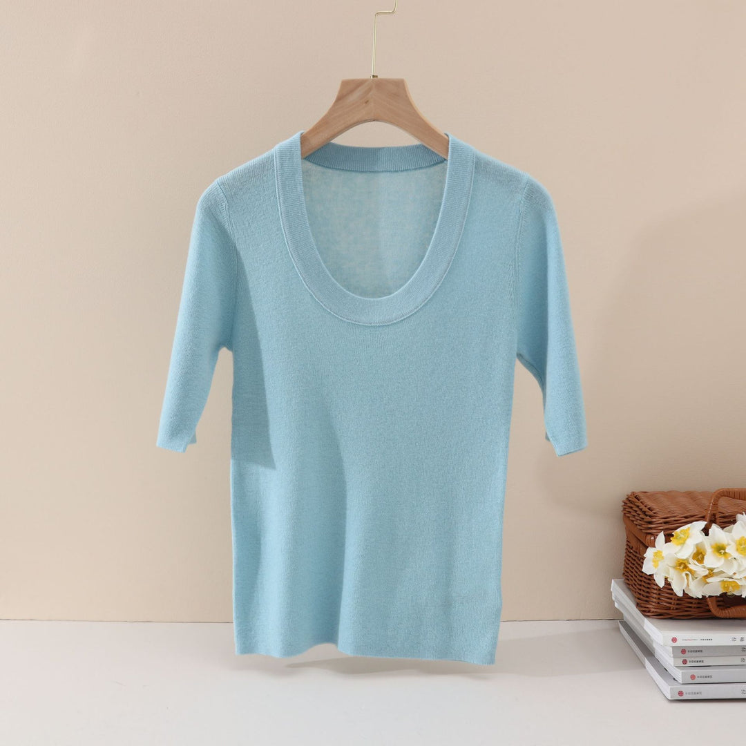 Damen Feines Feinstrick-Shirt mit tiefem Rundhals und dreiviertel Ärmeln Nord Taschen