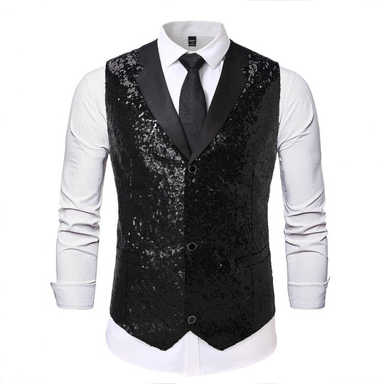 Herren Glänzende Pailletten‑Weste mit Satin‑Revers und taillierter Silhouette Nord Taschen