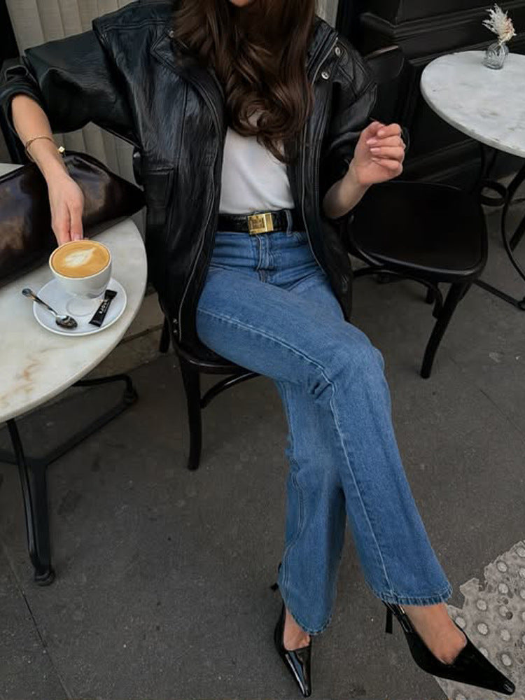 Damen Gerade geschnittene Jeans mit hoher Taille, rohem Saum und leichtem Bootcut Nord Taschen