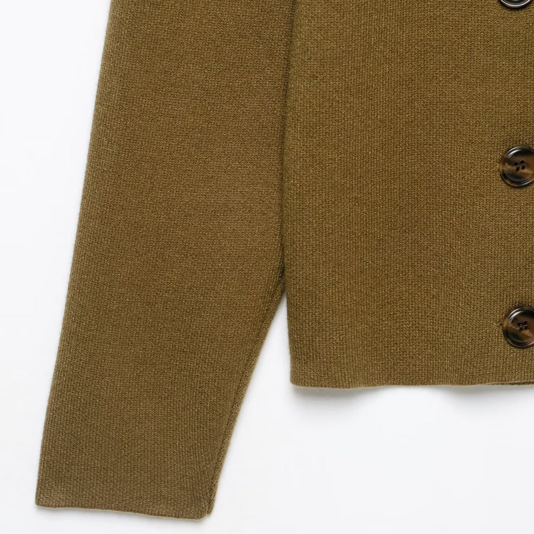 Damen Doppelreihige Cropped Strickjacke mit Stehkragen Nord Taschen