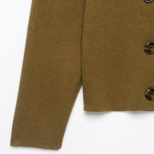 Damen Doppelreihige Cropped Strickjacke mit Stehkragen Nord Taschen